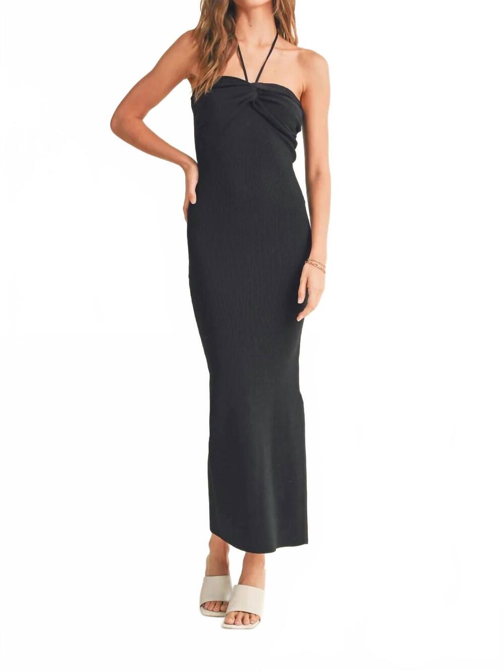 NEW MIOU MUSE rusched knit halter dress in black